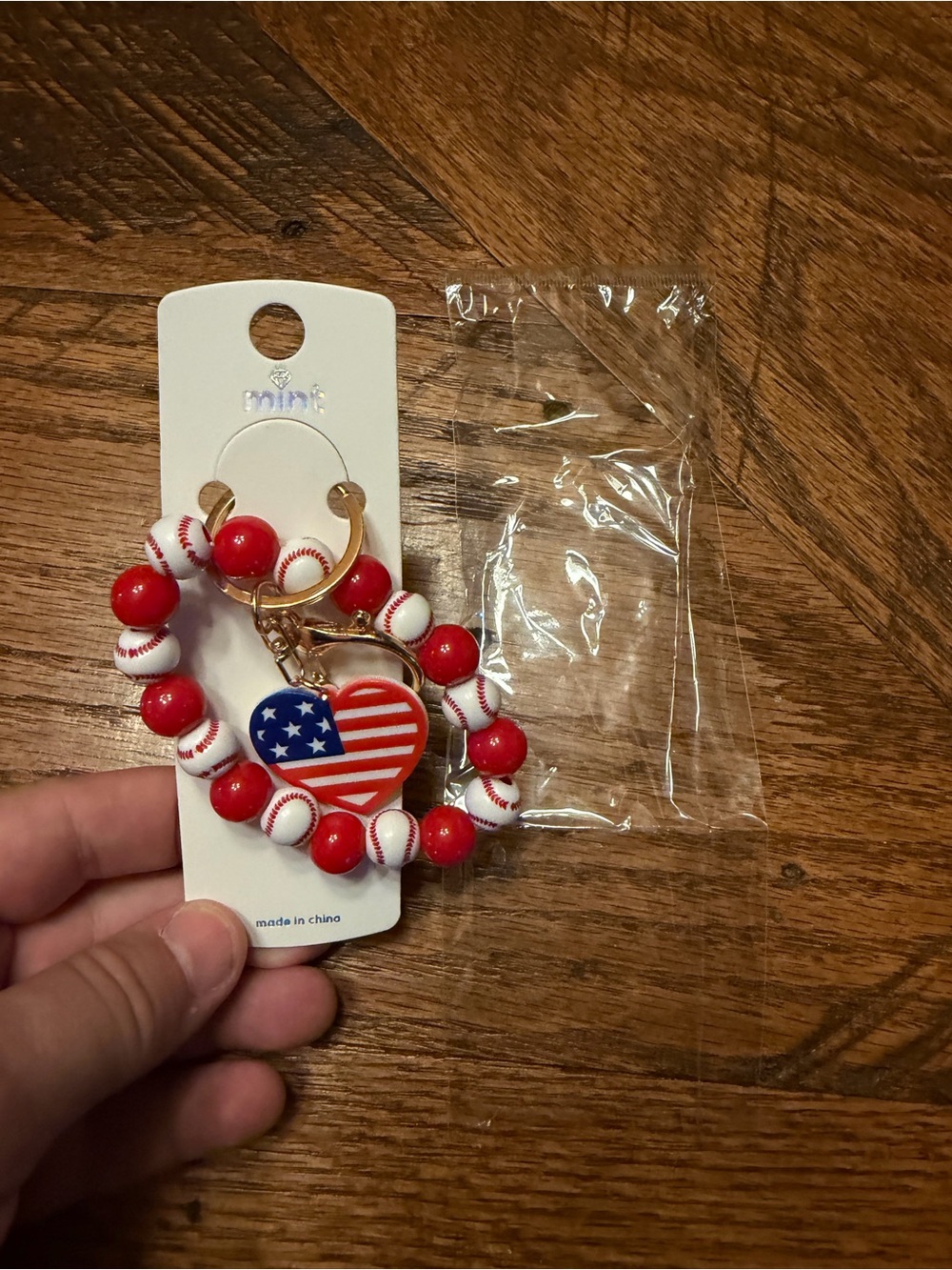 mint Kids Softball Bead wristlet keychain with American Flag Heart Charm -